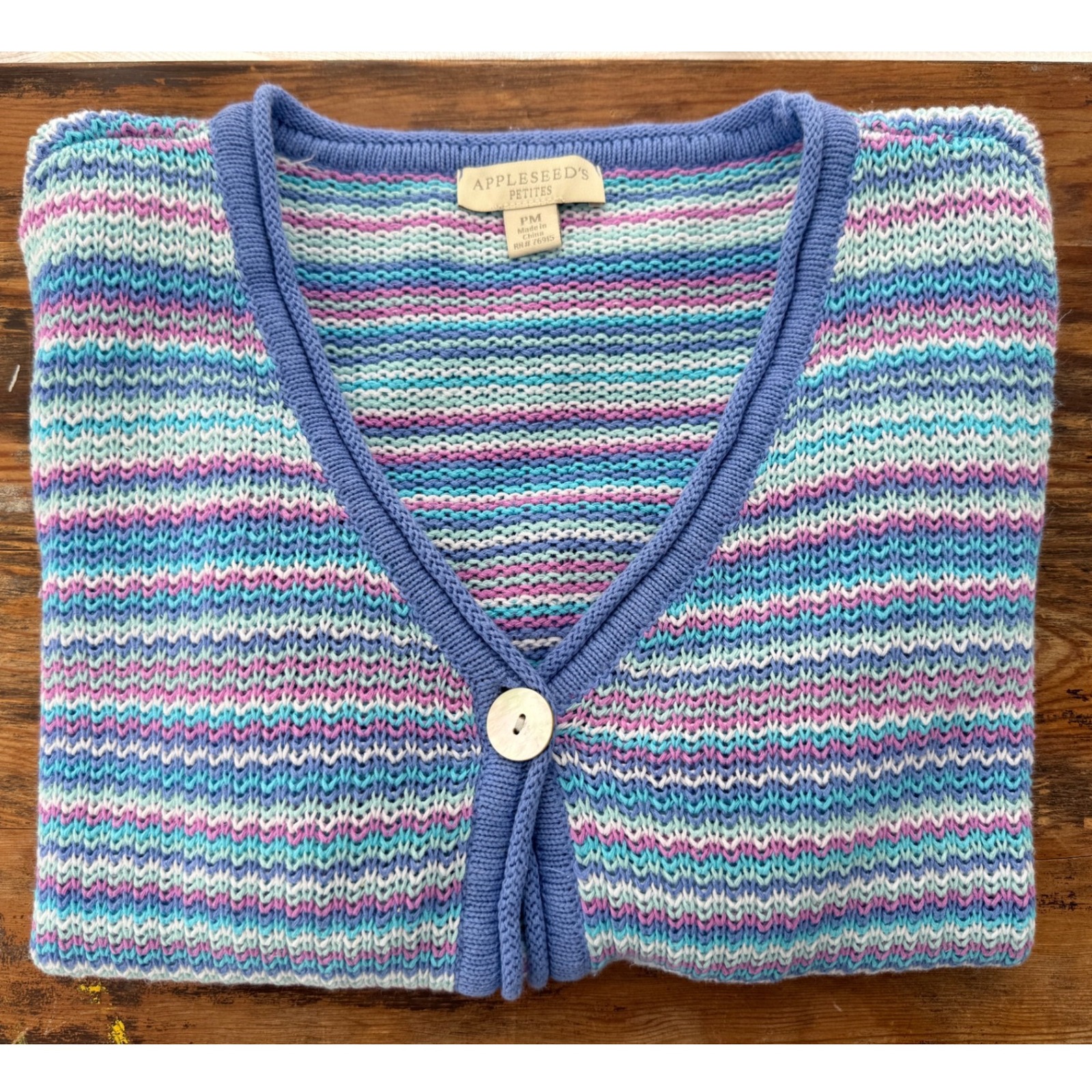 A7 Y2k Vtg Appleseeds Striped Linen Cotton Blend Button Front Cardigan Sweater